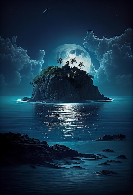 Island in the middle of the ocean in the moonlight AI generated