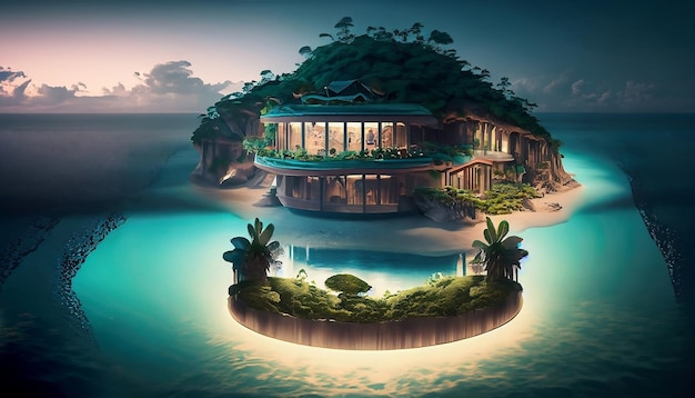 Island in the middle of the ocean with an extremely luxurious glass hostel Generative AI