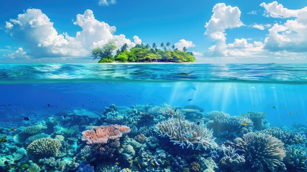 Island Ocean Tropical Paradise with Split View of Underwater Coral Reef and Blue Waterline