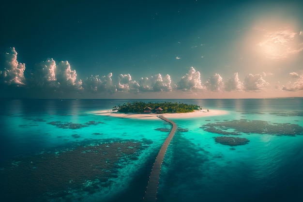 Island Paradise A beautiful small island in clear sea water with a bridge and clouds Generative AI