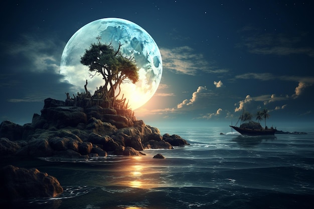 Island in sea against a moonlit sky