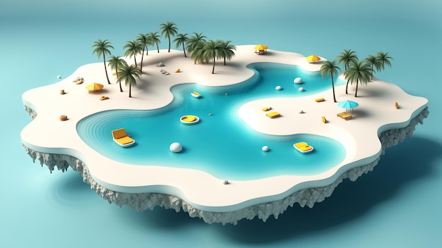 Photo island with swimming pool and palm trees 3d render illustration