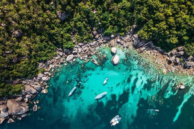 Islands and tropical blue bays bird's eye view