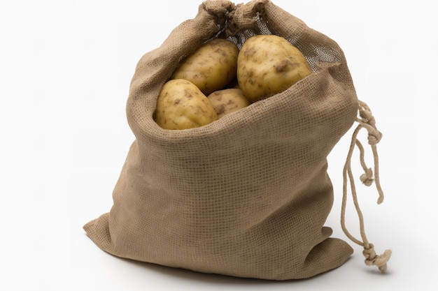 Isolated against a white background potatoes are in a mesh bag