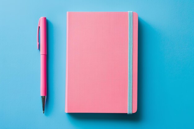 Isolated on a blue background with plenty content space a blank pink notebook and pen Generative AI