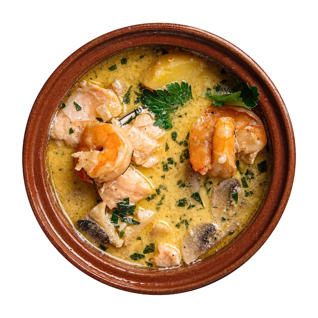 Isolated bowl of fresh creamy seafood soup