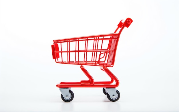 An isolated bright red shopping cart on a clean white backdrop