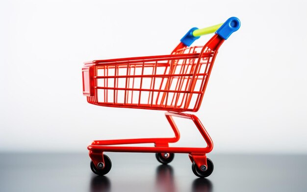 An isolated bright red shopping cart on a clean white backdrop