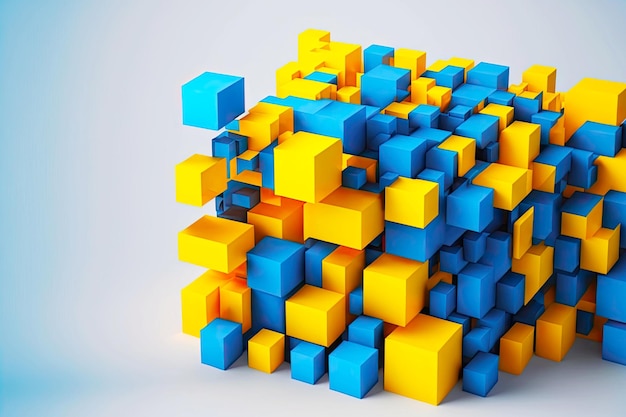 Isolated bright yellow and blue cubes as 3d render abstract geometric background generative ai