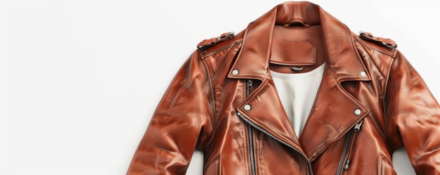 Isolated brown leather jacket on white background mockup 4K hyperrealistic photo