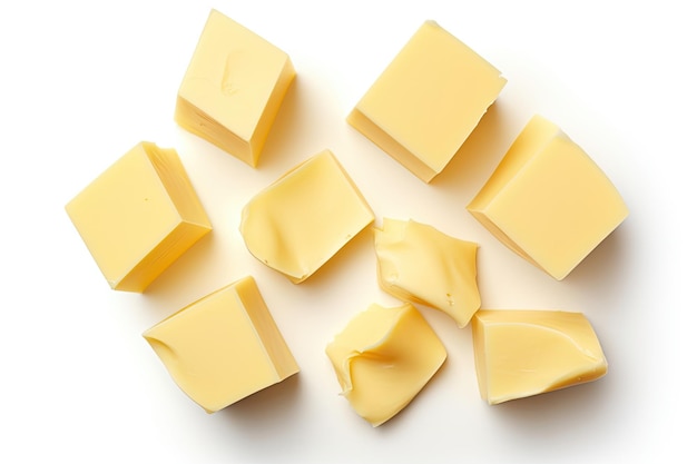 Isolated butter pieces on white background viewed from top