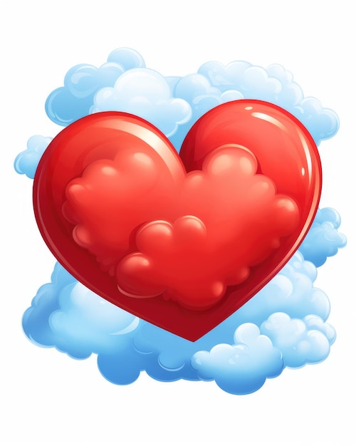 Isolated Cartoon Heart Symbolizing Love and Passion on Valentine's Day Red Color with Clouds