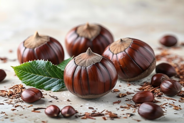 Isolated chestnuts on a white background a close up photo of three chestnuts with leaves isolated o