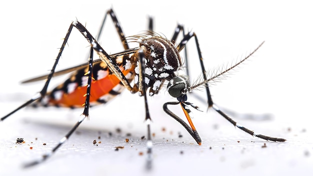 An isolated closeup of an Aedes mosquito with a dengue prevention theme on a solid white backdrop with large white space Generative AI