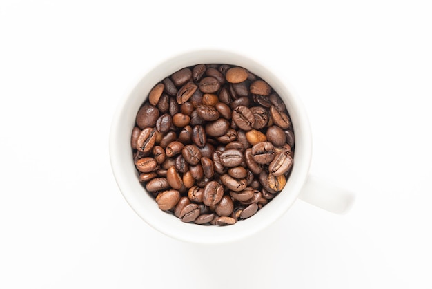 Isolated Coffee Beans in White Coffee Cup on White Background