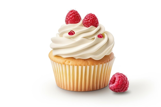 Isolated cupcake with butter cream and raspberry on white background