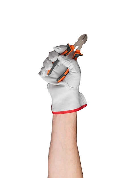 Photo isolated cutter and plier in hand white glove for background tool human work closeup of man arm