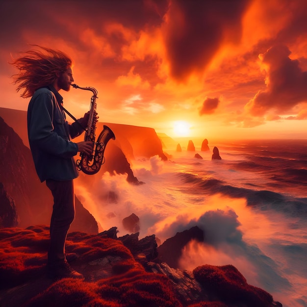 Isolated on a deep blue background a saxophonist passionately plays under the shimmering moonlight