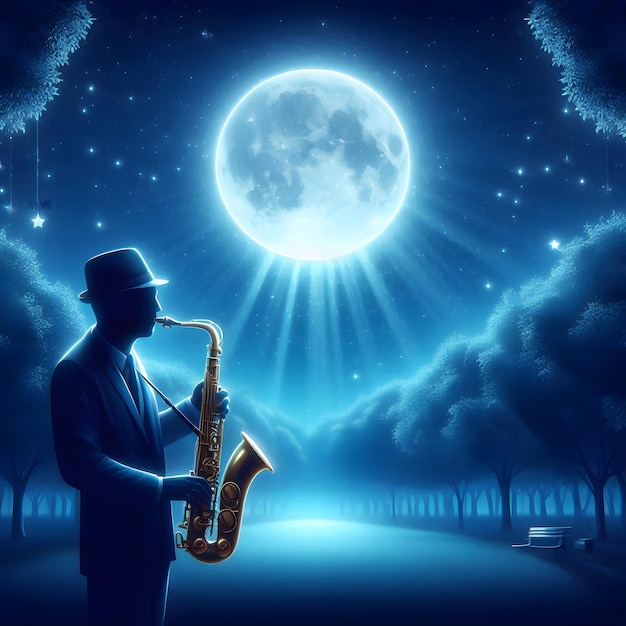 Isolated on a deep blue background a saxophonist passionately plays under the shimmering moonlight