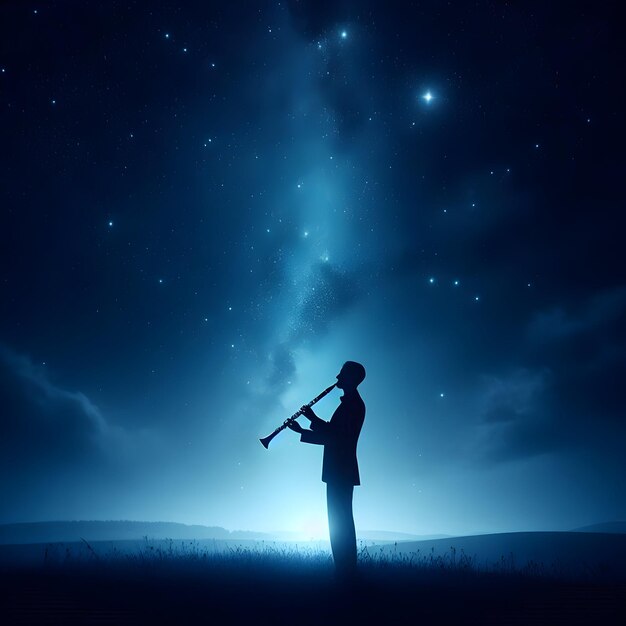 Photo isolated on a deep blue background under the starry night sky a clarinetist plays with passionate