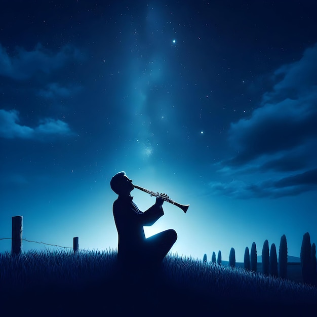 Photo isolated on a deep blue background under the starry night sky a clarinetist plays with passionate