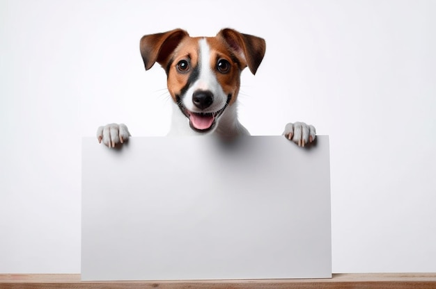 Isolated dog holding white background advertising frame with space for text AI generated