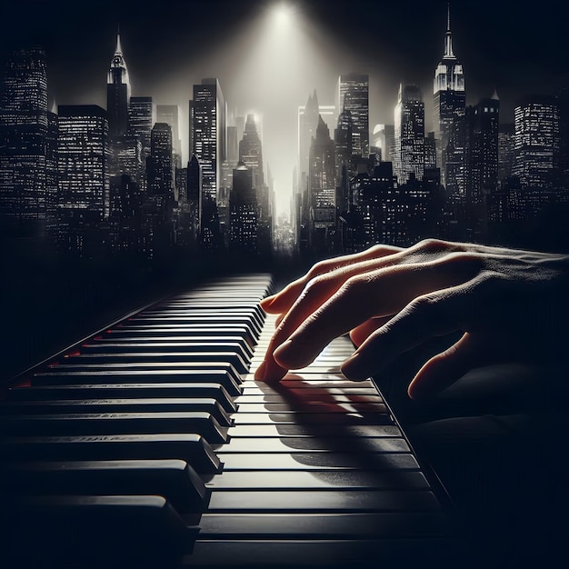 Photo isolated on a dramatic black background fingers dance swiftly across the piano keys in a dimly lit