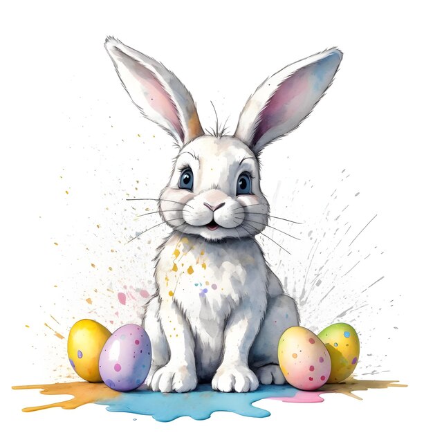 Isolated easter bunny color eggs ink sketch white background