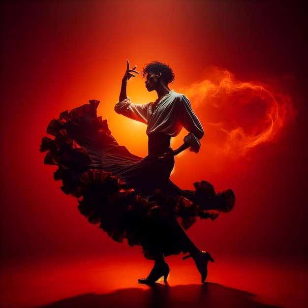 Photo isolated on a fiery red background a flamenco dancer swirls passionately embodying the spirit of a