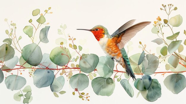 Isolated floral illustration with eucalyptus leaves and a hummingbird in watercolor