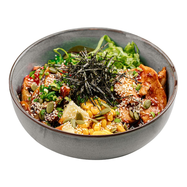 Isolated fried chicken poke bowl with vegetables