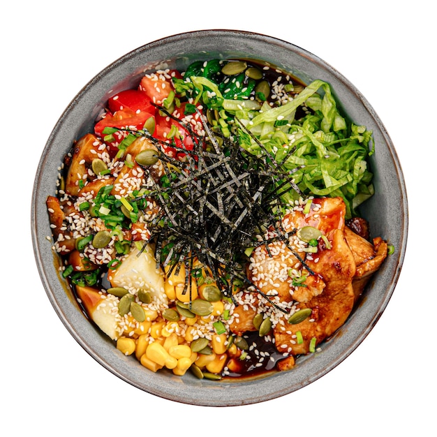 Isolated fried chicken poke bowl with vegetables