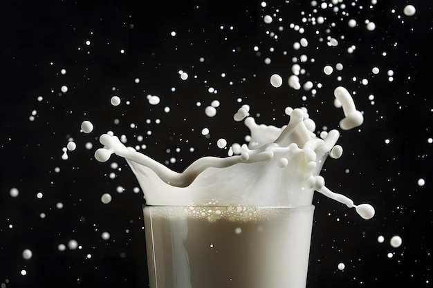 Isolated glass of milk splashed on black background