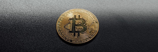 Isolated golden bitcoin on black background with reflection copy space