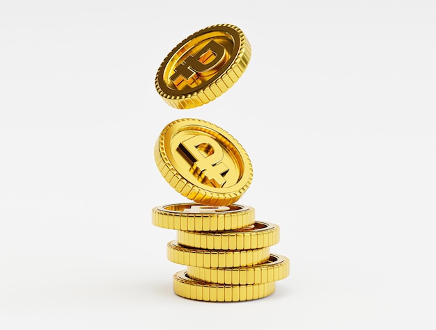 Isolated of Golden Russian Ruble coins falling and stacking on white background by 3d render