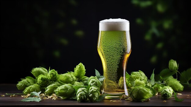 Photo isolated green hops with a glass of bear on a dark backdrop with copy space generative ai