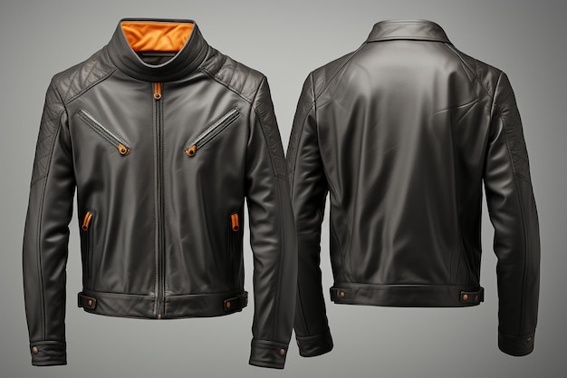 Isolated on grey front and back view of blank leather jacket