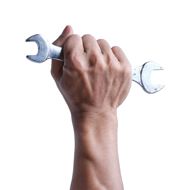 Isolated Hand Holding Mechanical Key on White Background