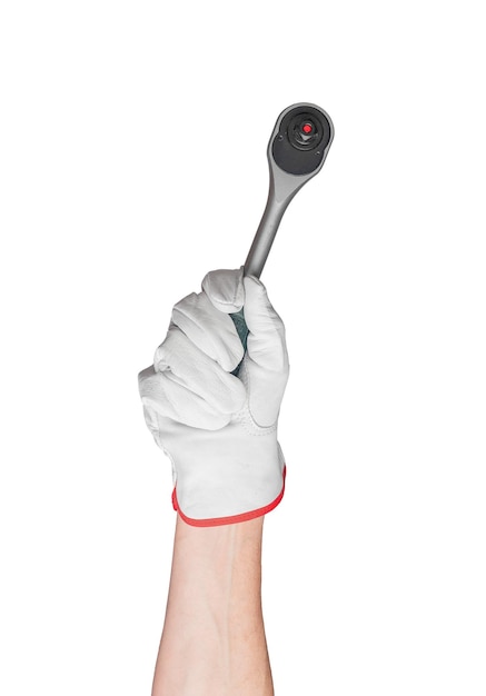 Isolated hand holding wrench White background with repair equipment concept Tool for arm and metal