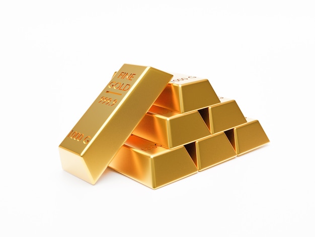 Isolated of heap of gold bar or gold ingot stacking on white background by 3D rendering technique.