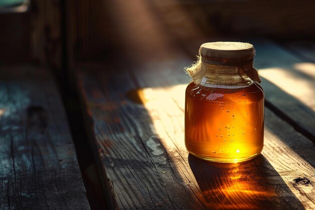 Photo an isolated honey jar surrounded by a soft golden light against a rustic wooden surface