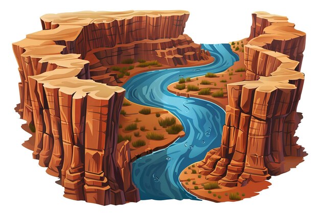 An isolated illustration portraying a 3D representation of a serene canyon featuring a smoothly flo