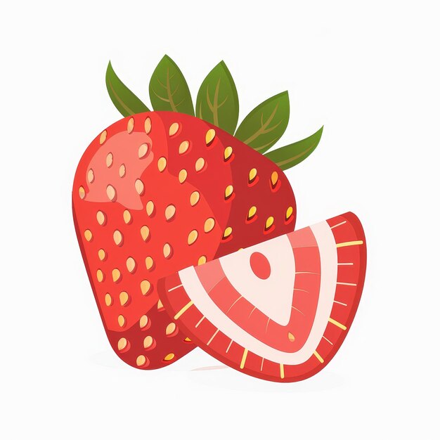 An isolated illustration on white background of a whole strawberry with half a strawberry and green leaves on top