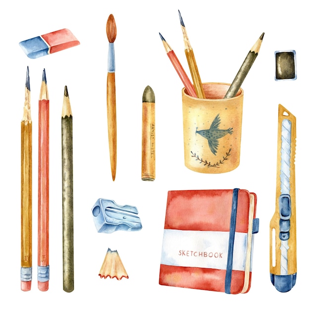 Isolated illustration with handmade artistic materials brushes paints pencils watercolorselement