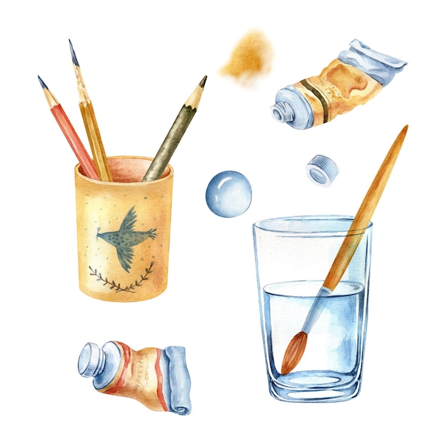 Isolated illustration with handmade artistic materials brushes paints pencils watercolorselement