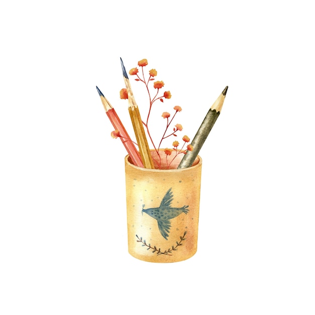 Isolated illustration with handmade artistic materials brushes paints pencils watercolorselement