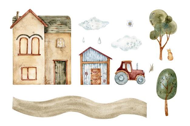 Isolated illustration with houses on a white background All elements are hand painted in watercolor