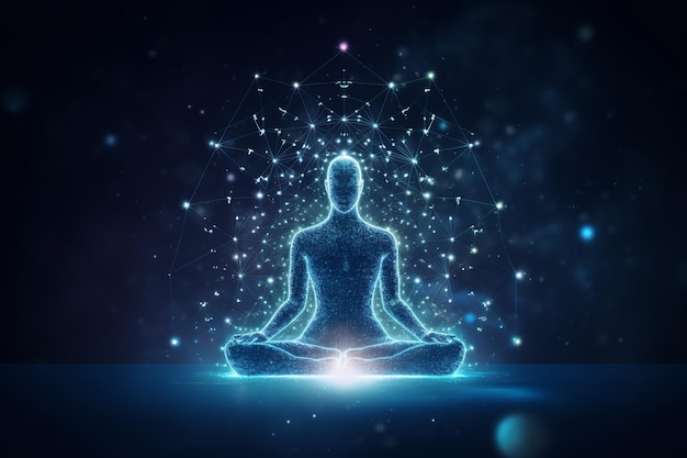 isolated illustration of yoga lotus pose icon shaped with blue neural connection