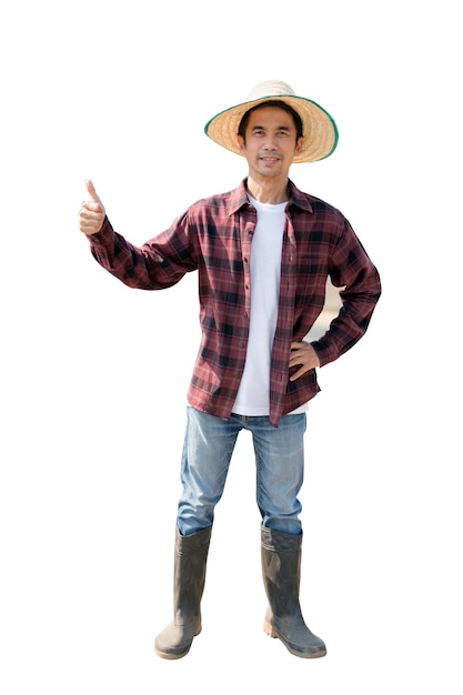 Isolated image Asian farmer man wear red shirt standing and pose on white background