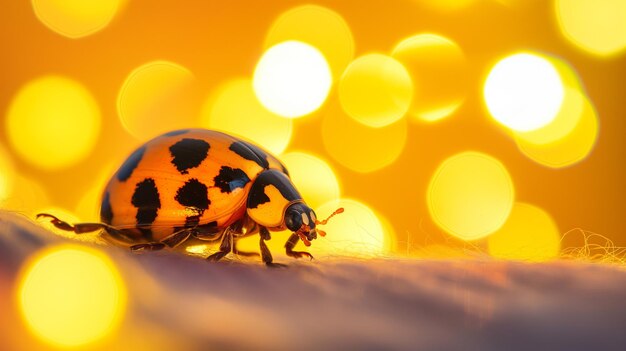 Isolated ladybug and yellow lights in the background Wallpaper